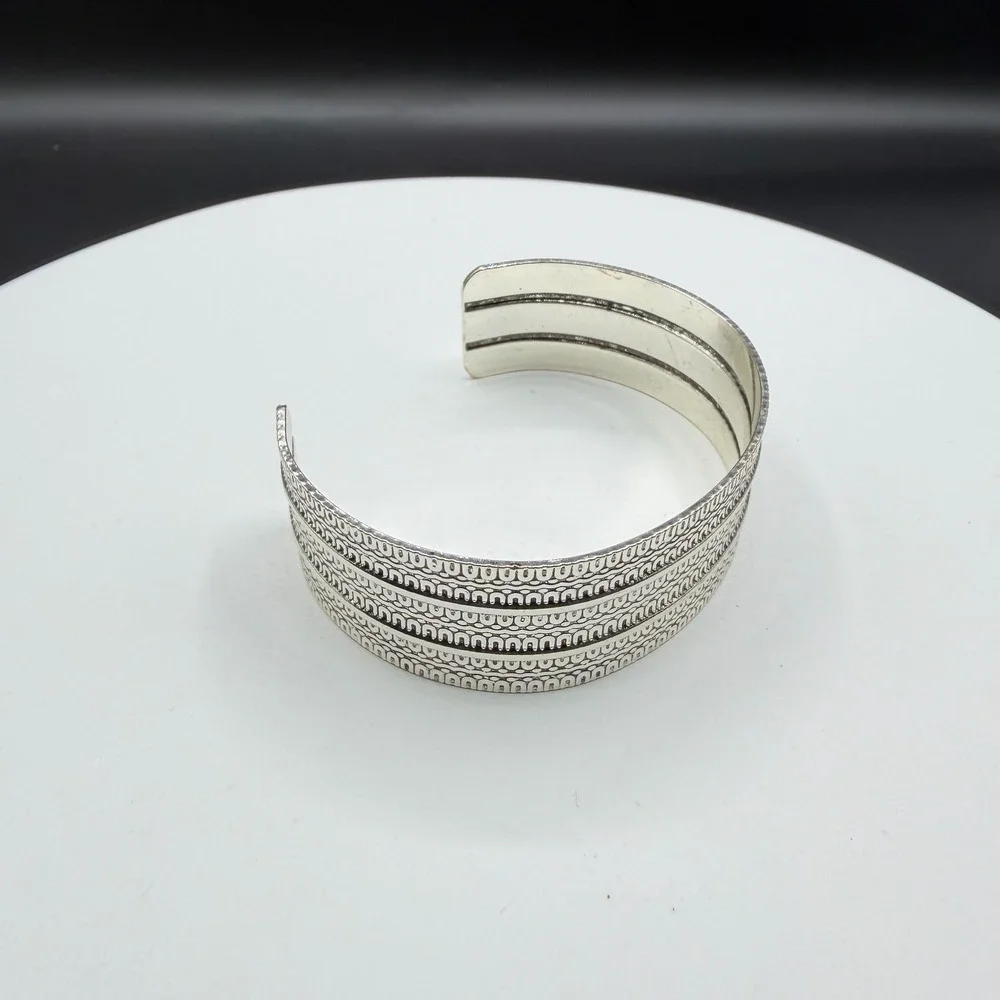 Silver Tone Wide Etched Cuff Bracelet Tribal Boho Textured Statement Jewelry